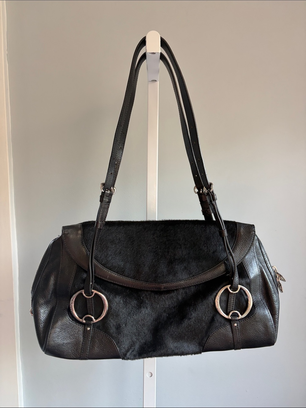 Dkny y2k Black Leather and Haircalf hair Shoulder Bag